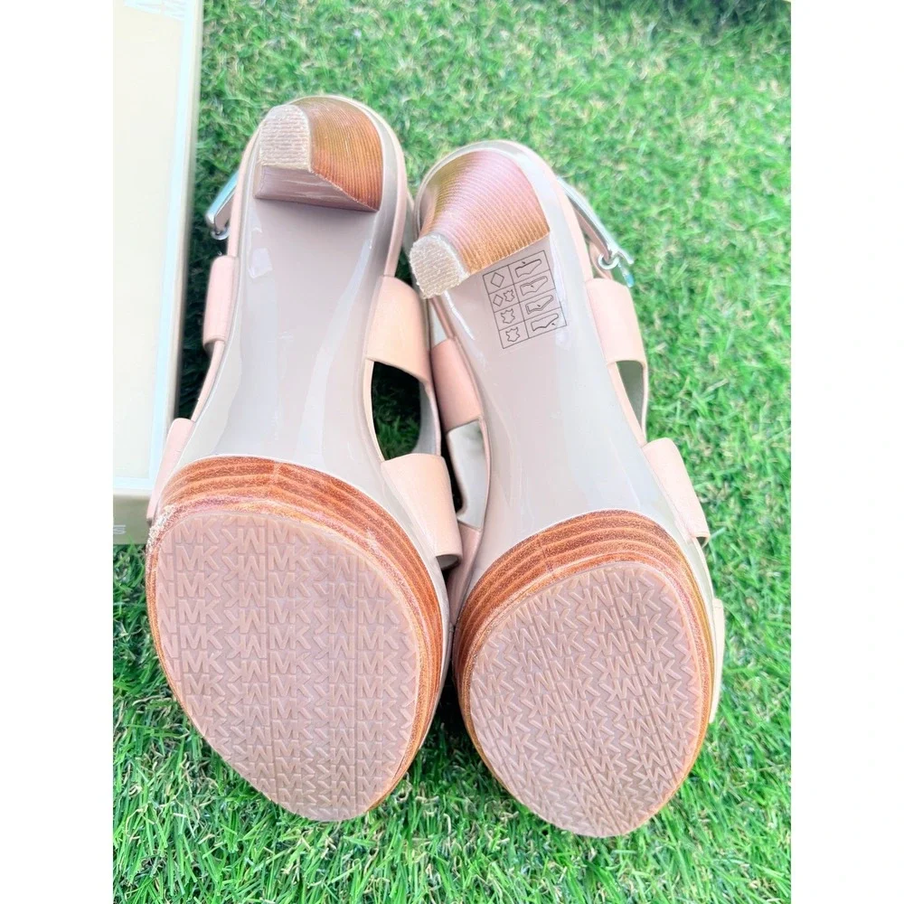 Michael Kors Carla Platform‎ Sandals Taupe Leather Wood Heel 40S1CRHA2L Mens 7.5